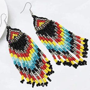 Long 4.5" Black Turquoise Red Oversized Earrings New Southwestern Tassel